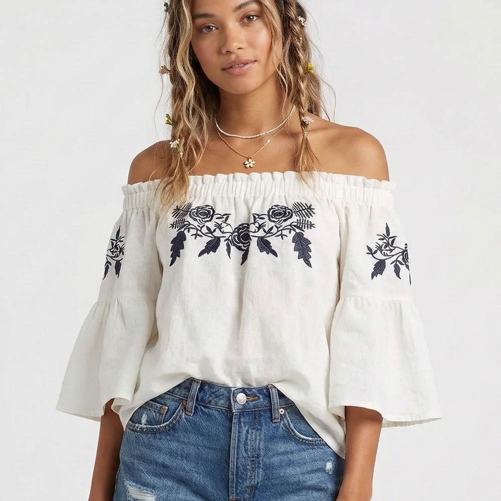 Altar'd State White Off-Shoulder Embroidered Boho Blouse